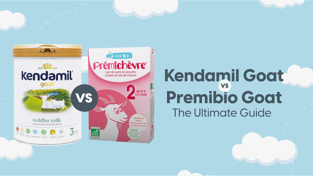 Kendamil and Premibio goat formula containers sit on a back ground of sky and clouds